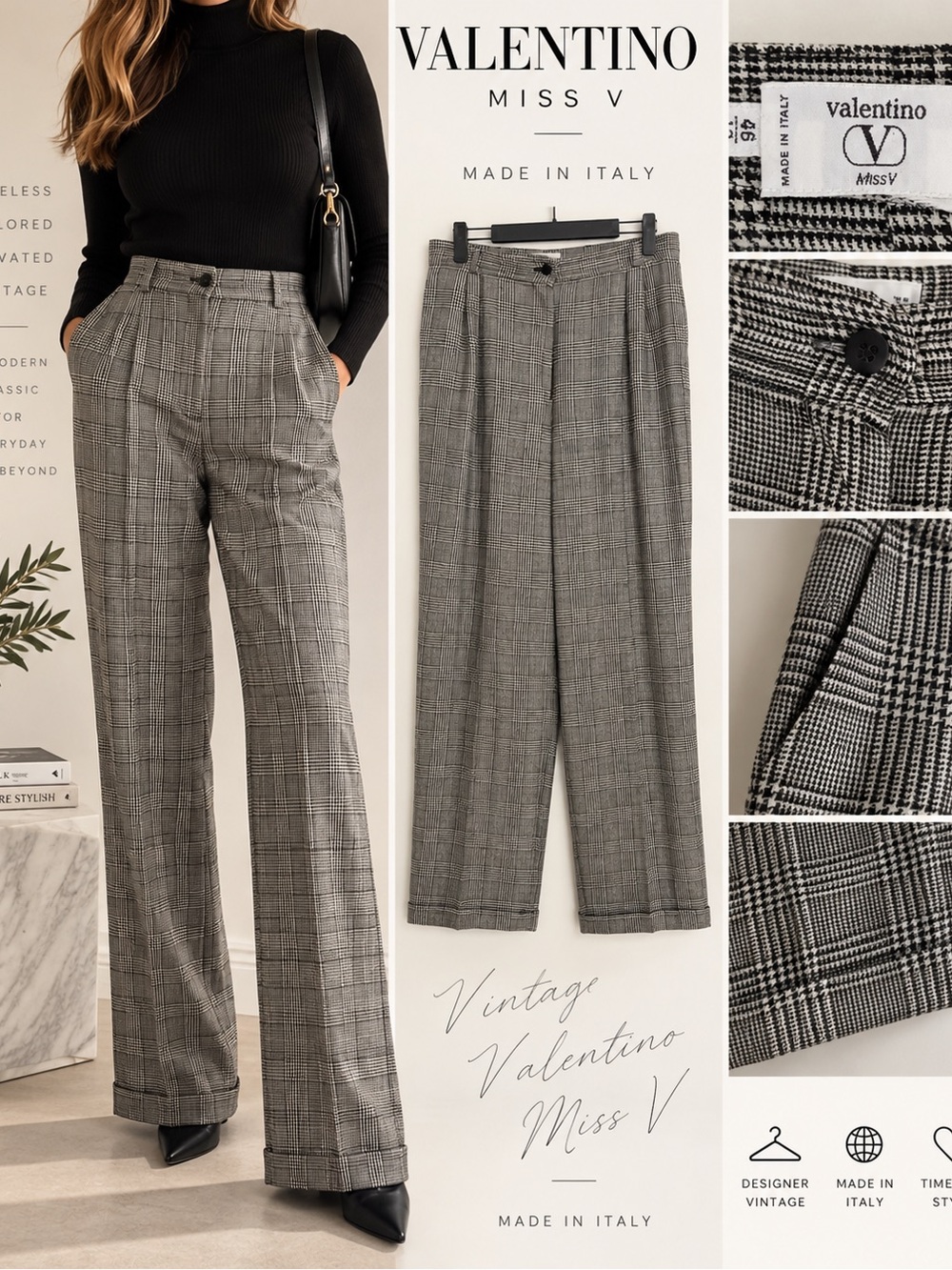 Valentino Miss V Black & Gray Glen Plaid Wide-Leg Trousers